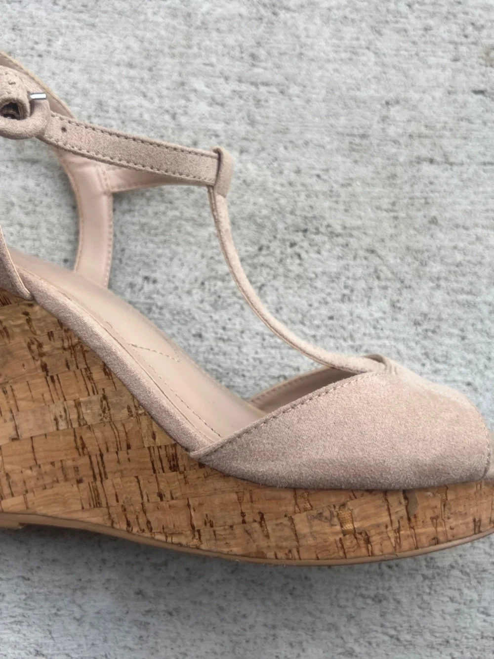 Charles by Charles David Latin Cork Wedge T-Strap Sandal in Nude Suede - With Bo